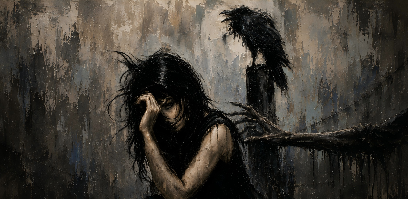 Savannah artwork of a woman with a raven in a rain-darkened city