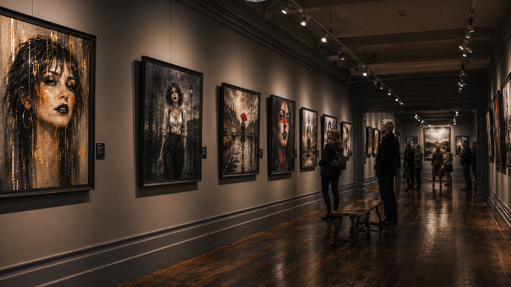 Visitors viewing Savannah artwork in the long gallery