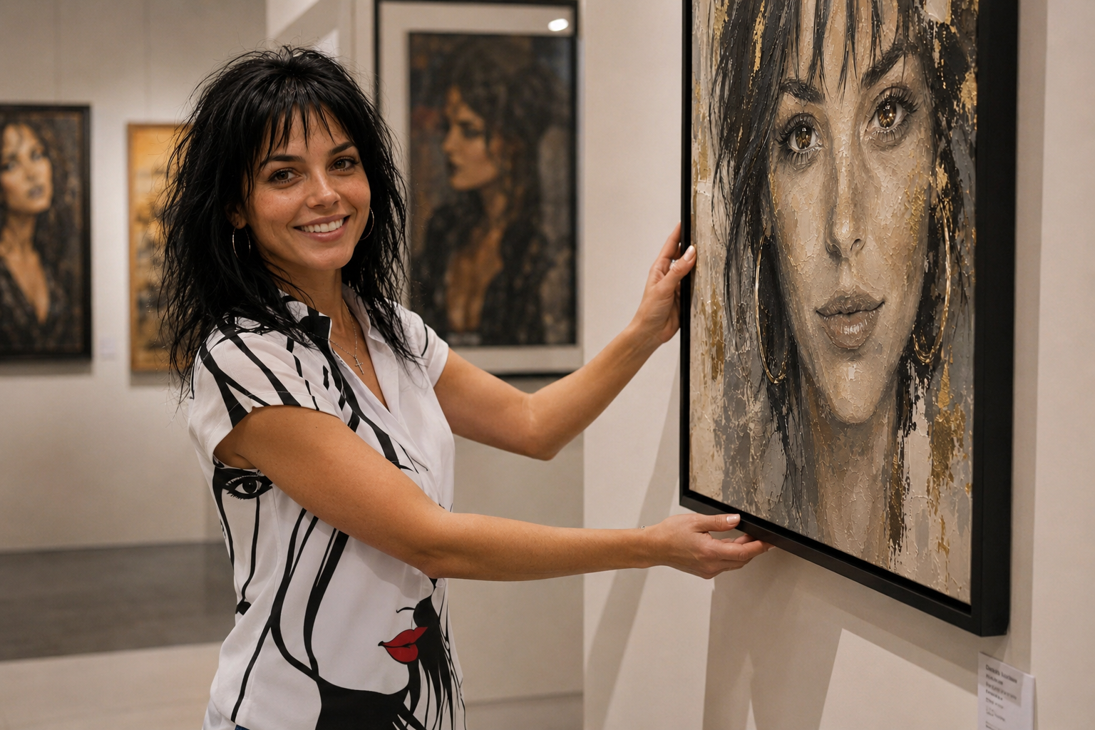 Savannah smiling beside one of her portraits in the Savannah Art Gallery