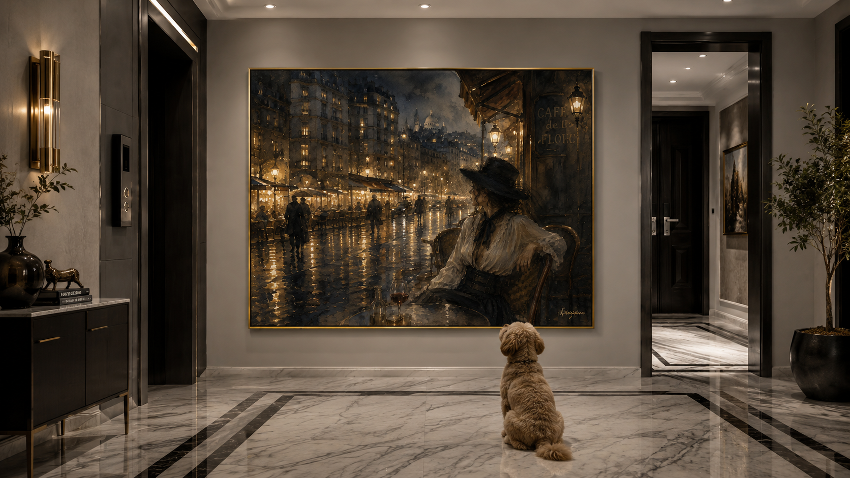Parisian night artwork in a refined hallway
